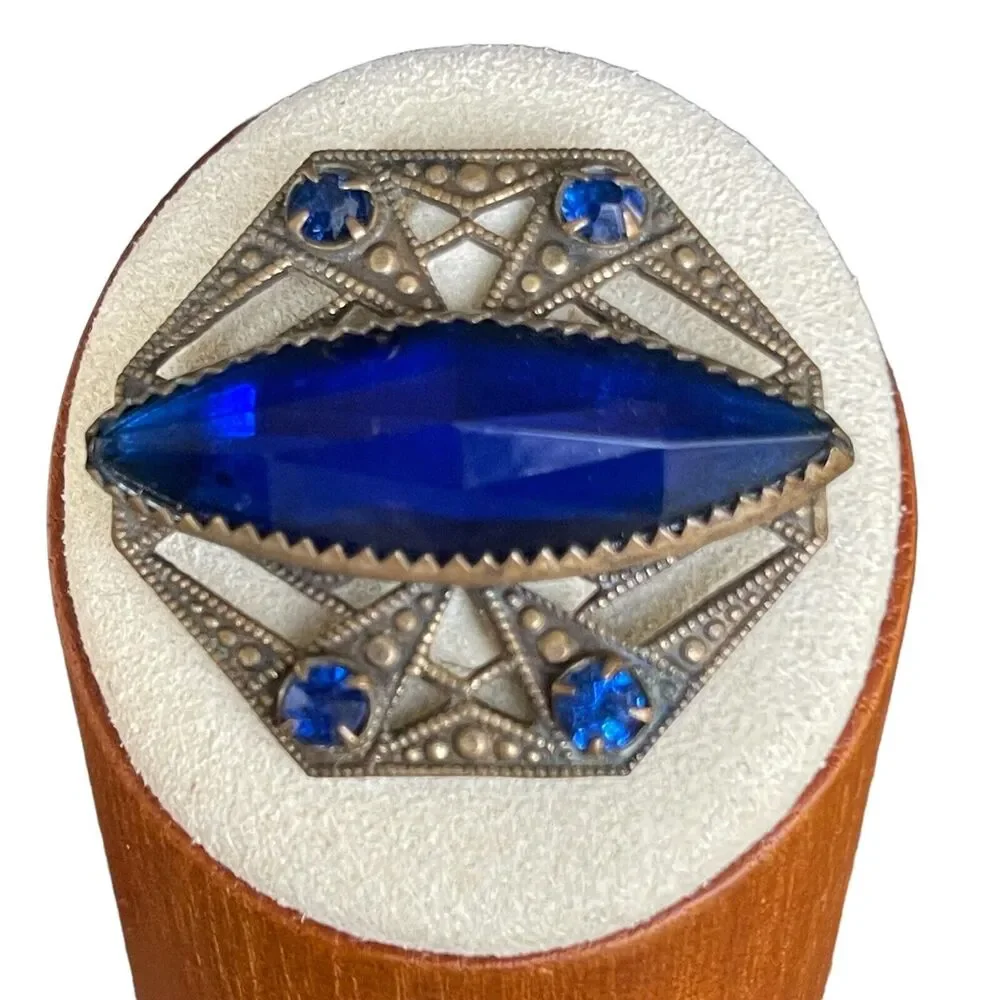 Antique Art Deco Antiqued Bronze Blue Glass Rhinestone Pin Brooch C Clasp